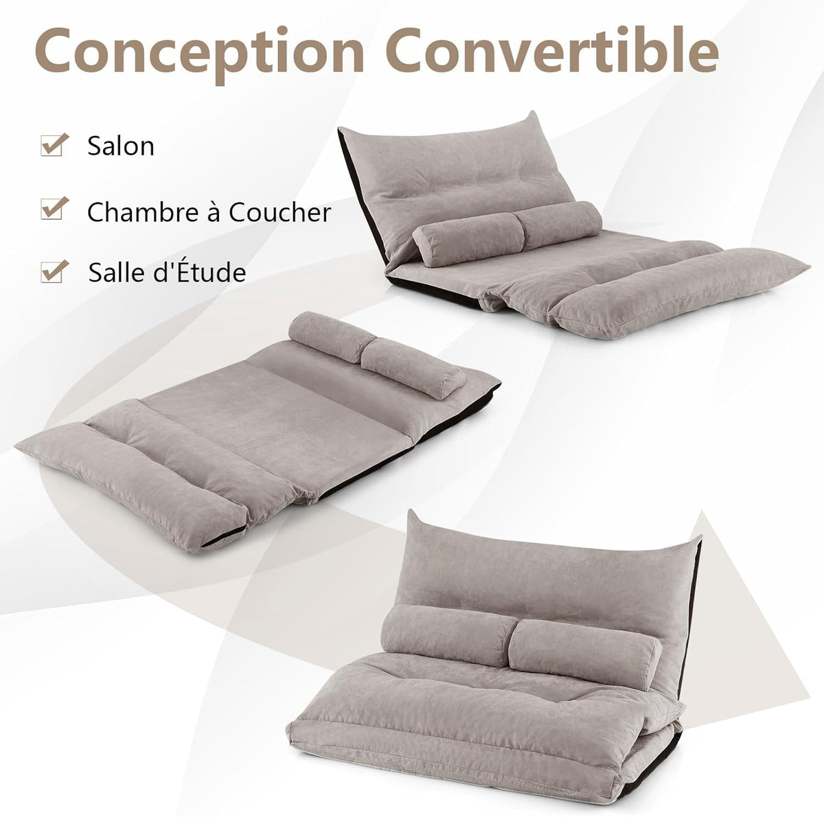 COSTWAY Canapé-lit Paresseux Pliable, Canapé Convertible avec Dossier Réglable à 42 Positions, Chauffeuse avec 2 Oreillers, Sofa pour Salon, Chambre, Balcon, Gris