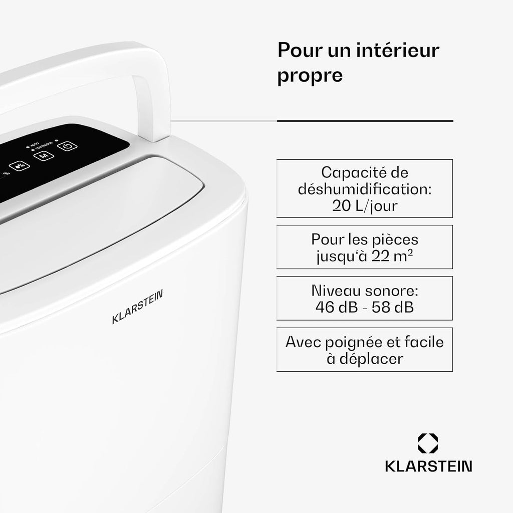 Klarstein DryFy 20 L déshumidificateur d'air - 400 W, 20 L/jour, réservoir 5 L, seulement 46 dB, minuterie, redémarrage automatique, séchage du linge, anti-moisissure, blanc