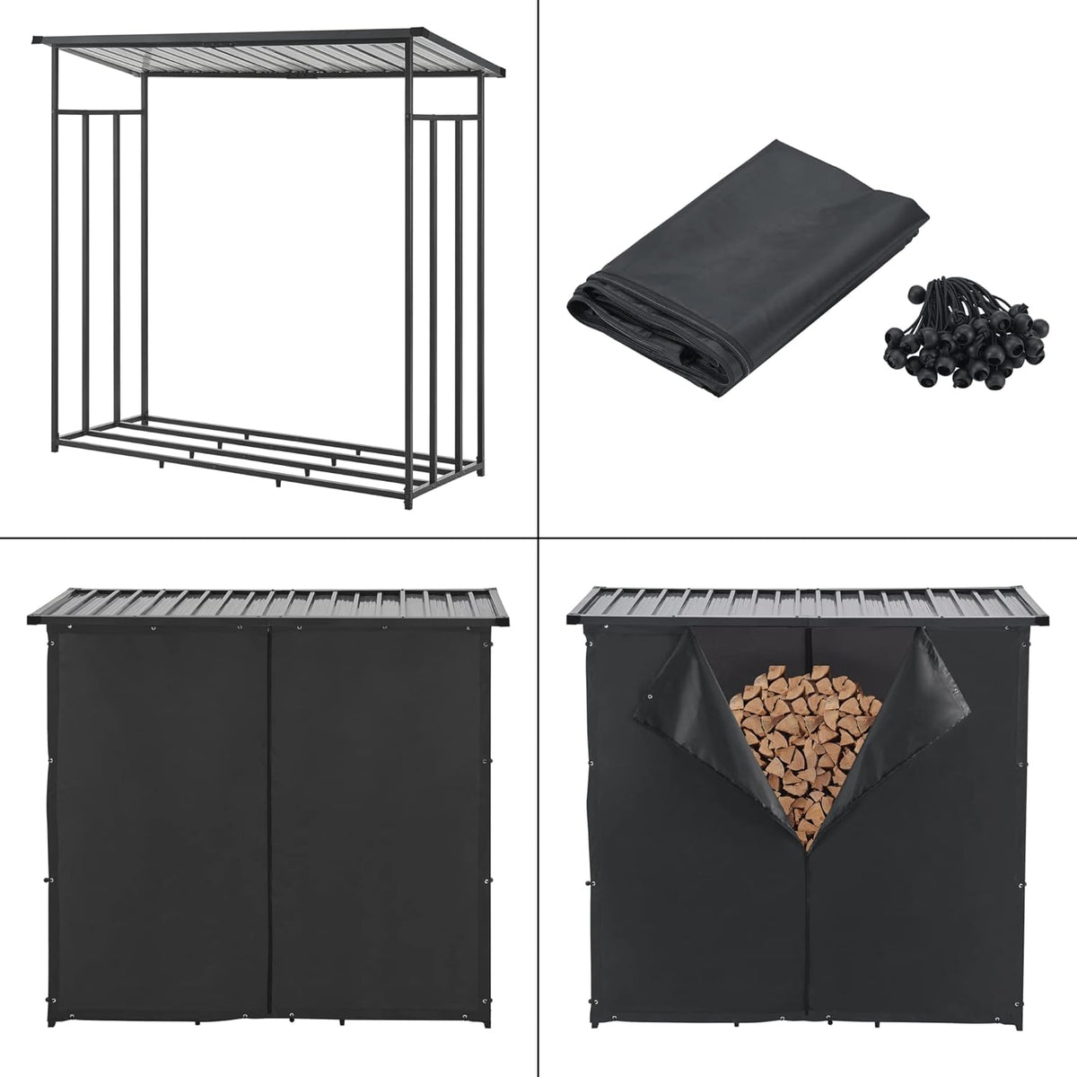 casa.pro Abri-Bûches Couvert avec Housse de Protection Support Bois de Chauffage Range-Bûches pour Stockage Extérieur Acier Galvanisé Laqué Polyester Métal Noir