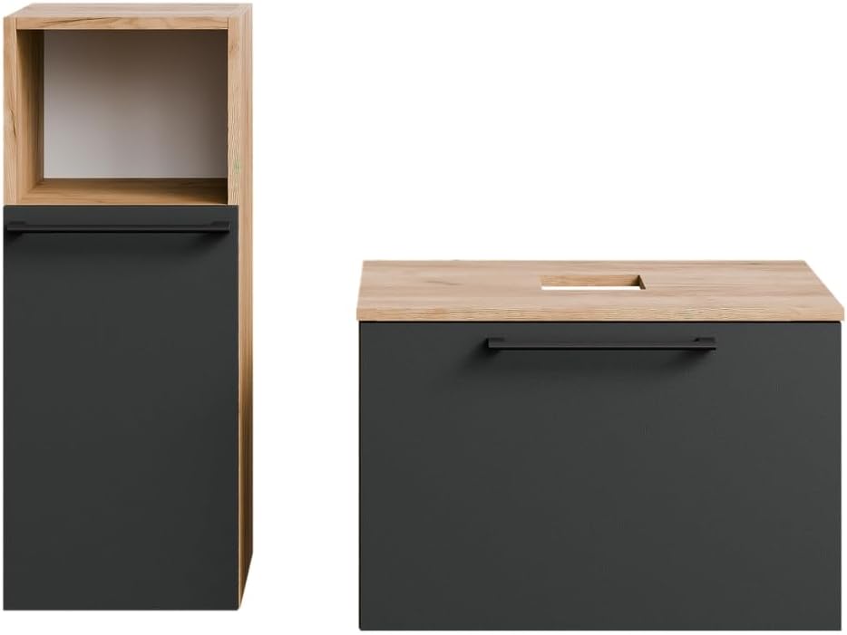 Planetmöbel Astra Ensemble Meuble Salle de Bain avec Meuble sous lavabo 60 cm, 1 Armoire Moyenne chêne doré Anthracite, sans Vasque à Poser