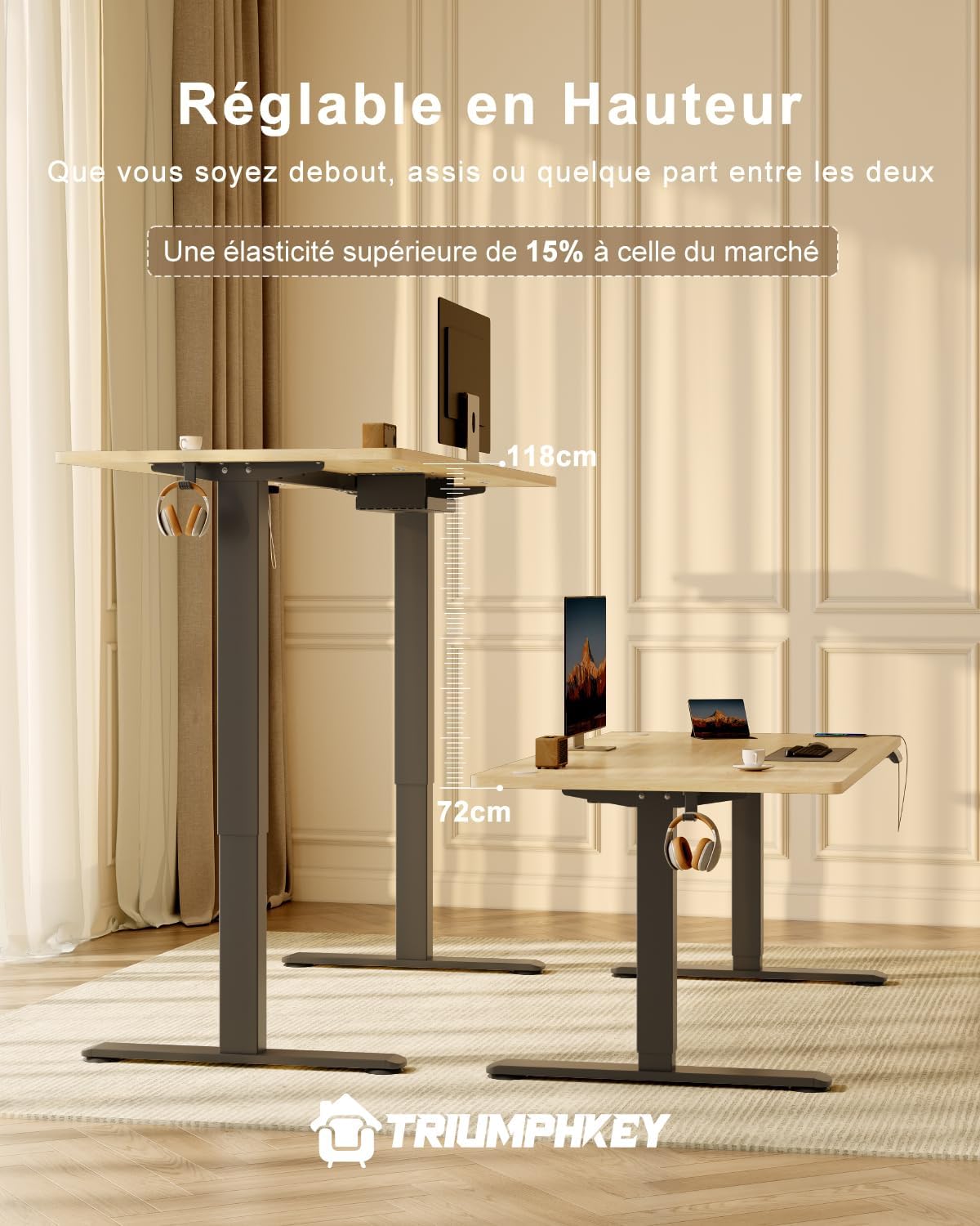 TRIUMPHKEY Bureau électrique 160 x 80 cm, réglable en hauteur, prise USB, 3 contrôles mémoire, table d'ordinateur, pour bureau, position debout