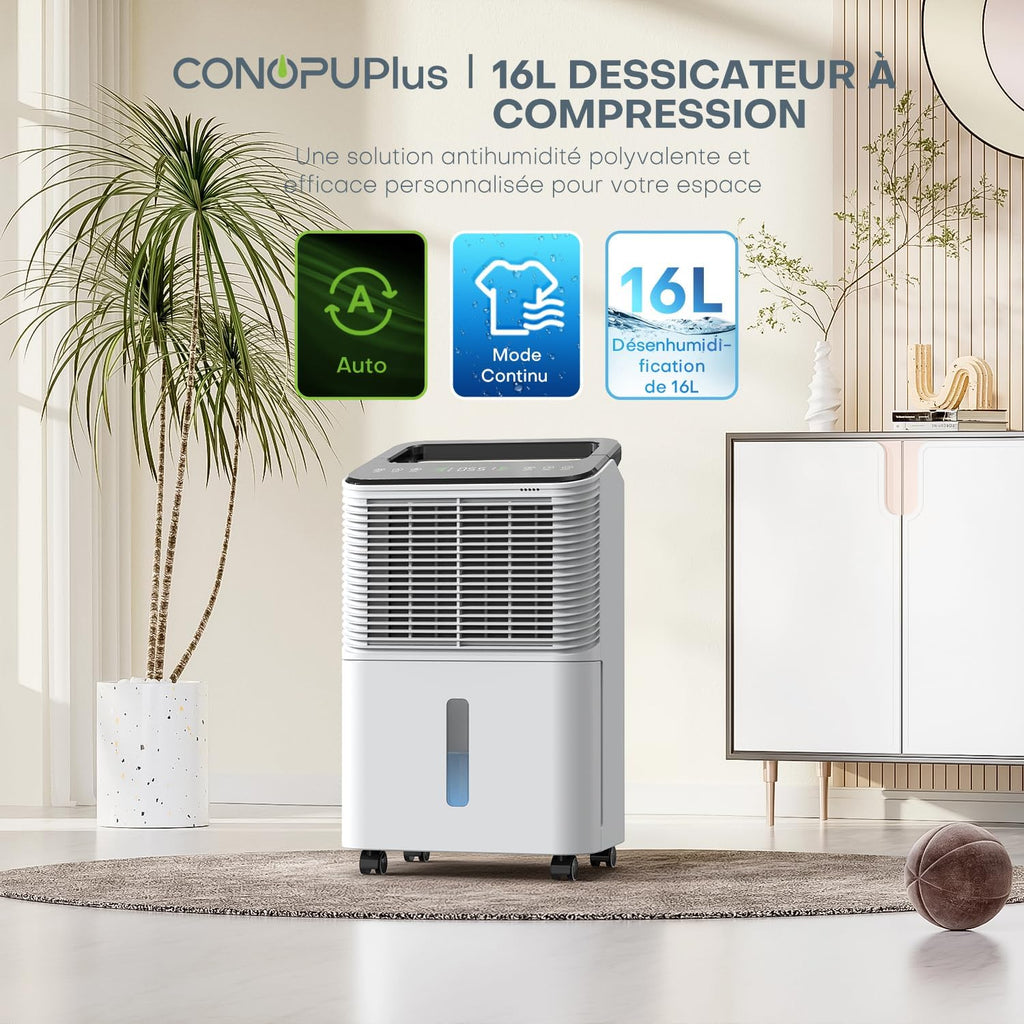 Deshumidificateur d air 16L/jour, Déshumidificateur de Chambre Ultra-silencieux, Contrôle Central Intelligent, Mode AUTO, Indicateur d'humidité, Minuterie 24H, Plus Puissant, Plus Efficace