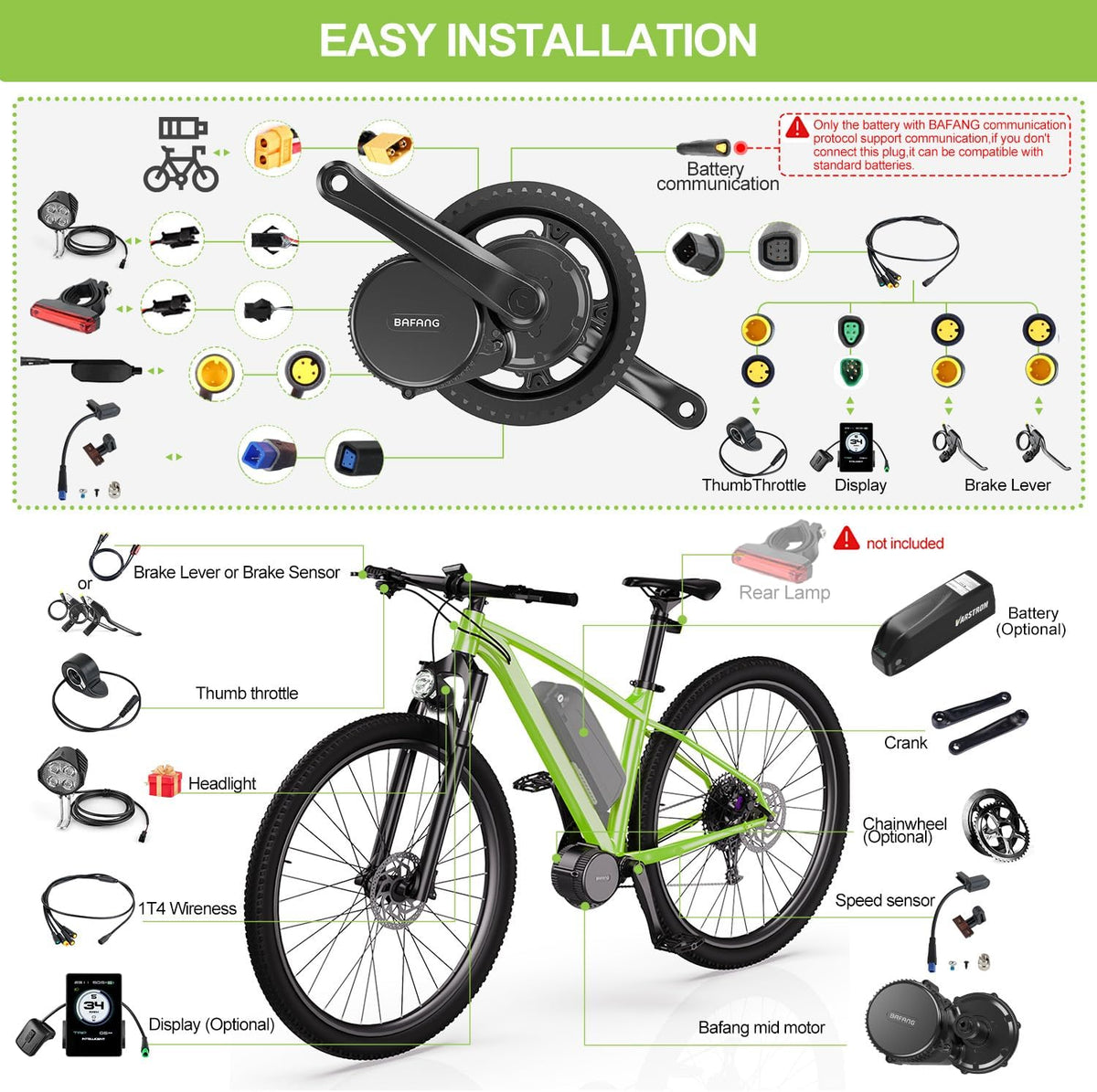 BAFANG BBS01B BBS02B BBS-HD Kit de Moteur Central - Kit de Conversion pour vélo électrique Mid Drive 250W 350W 500W 750W 1000W avec Batterie (en Option) et écran LCD, 36V 48V 52V, protocole Can