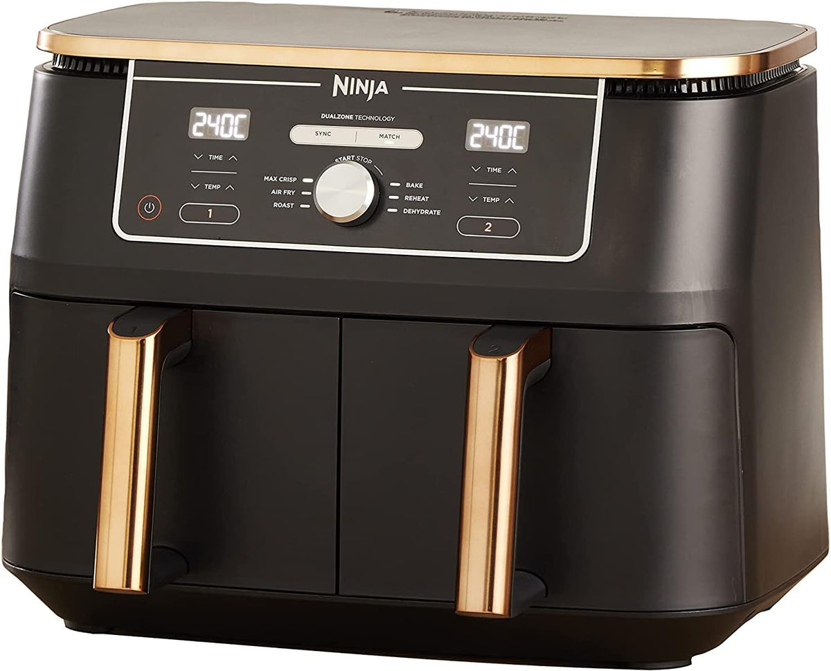 NINJA Foodi MAX Dual Zone Air Fryer, 2 Tiroirs, 9,5L, 6-en-1, Sans Huile, Air Fry, Max Crisp, Rôtir, Cuire, Paniers Antiadhésifs Lavables Au Lave-Vaisselle, Cuivre/Noir AF400EUCP