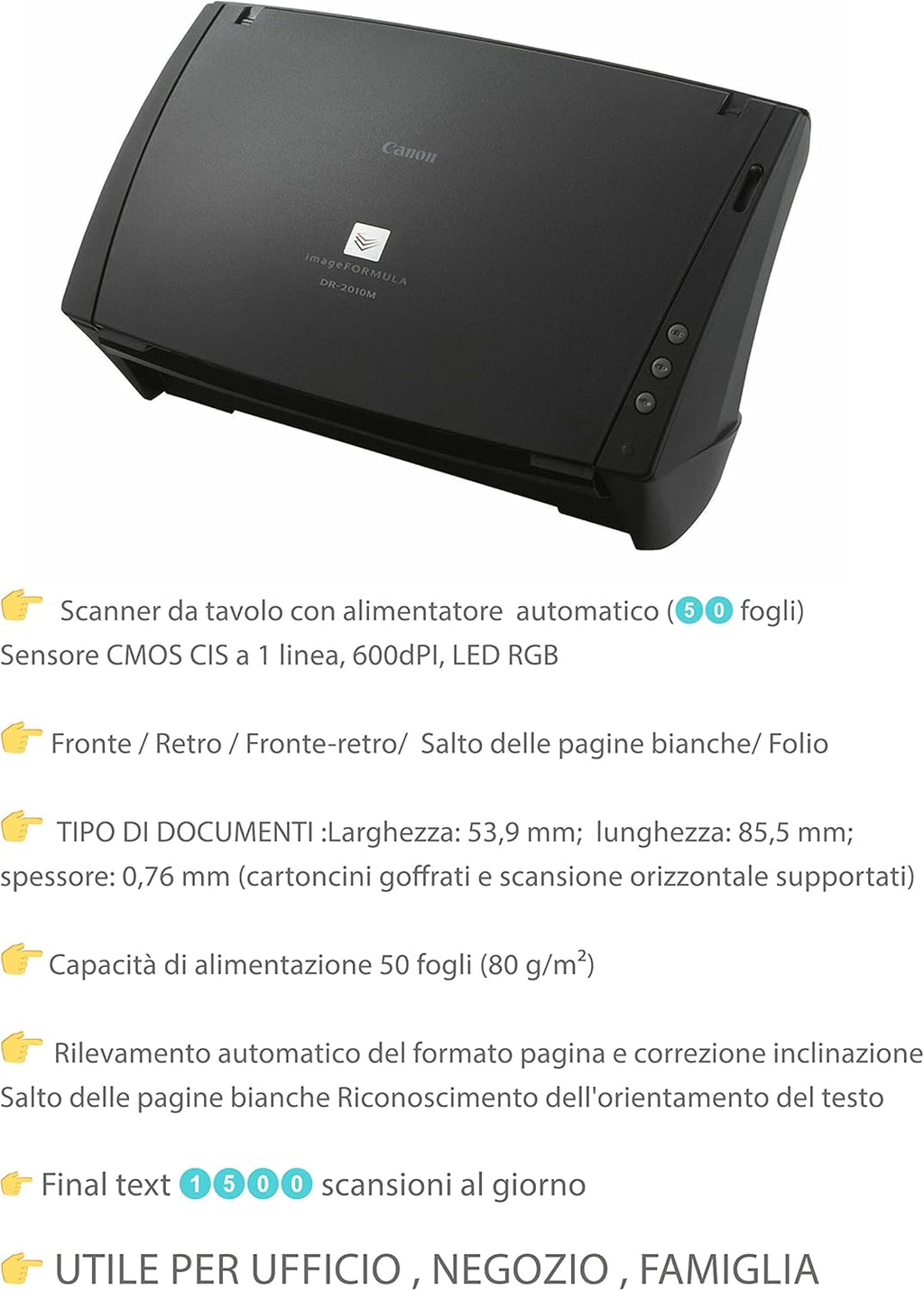 Canon ImageFORMULA DR-2010M Scanner 24 Bits alimenté par Feuilles CMOS CIS LED RVB 210 x 148 mm 50 Feuilles (Reconditionné)