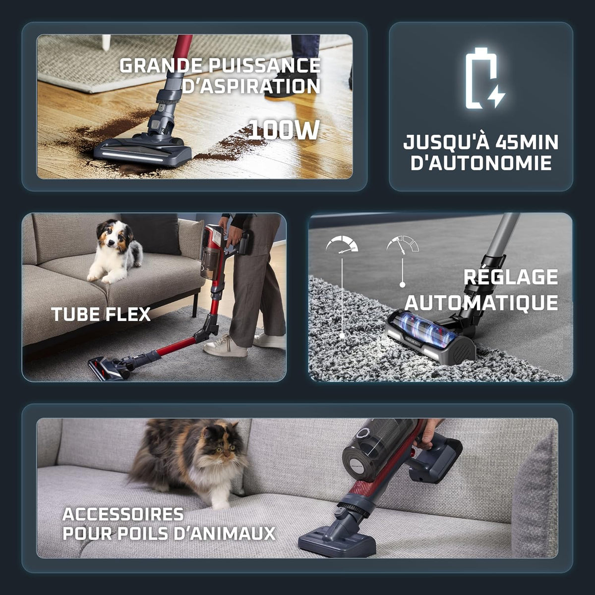 Rowenta X-Pert 6.60 Smart Aspirateur Balai sans fil, Tube Flex, Idéal pour les Poils D'animaux, Léger, Puissance 100W, Autonomie 45min, LED RH6471WO, Noir/Rouge
