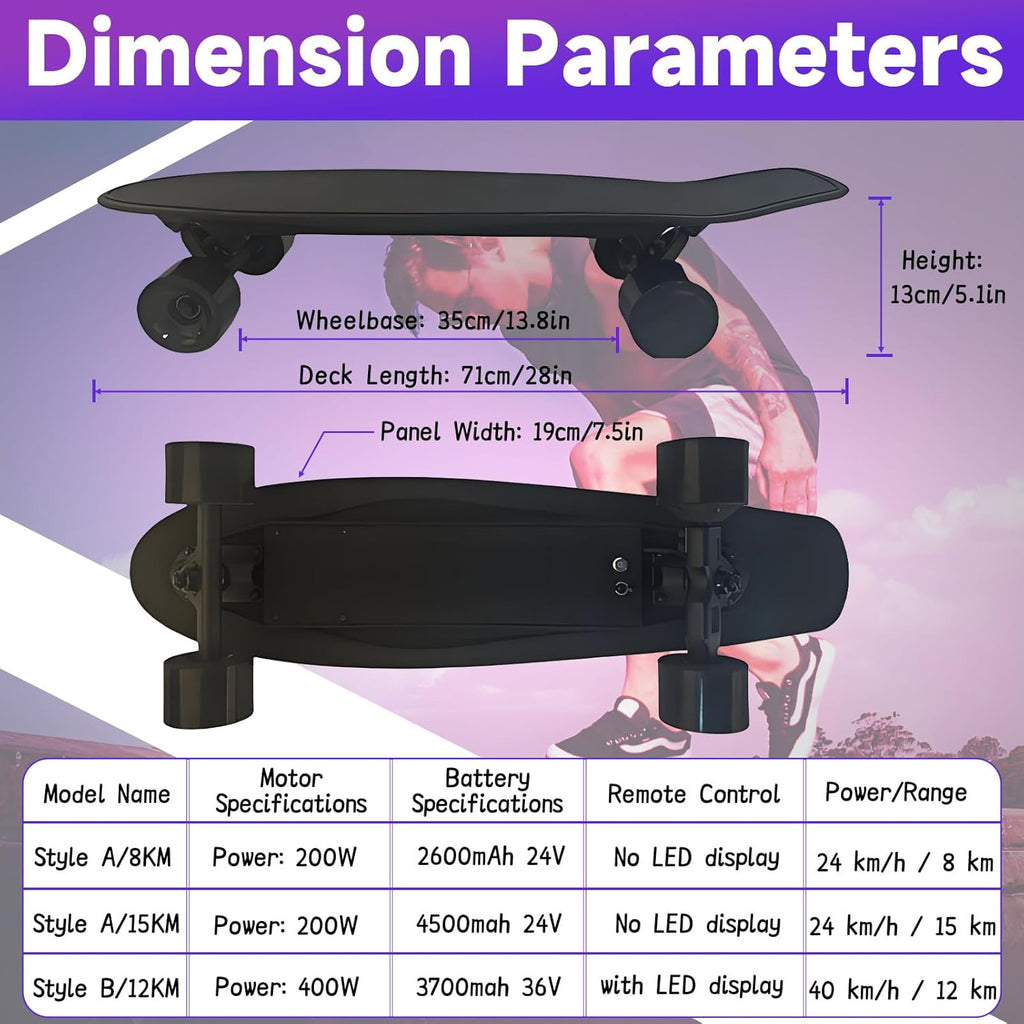 PxkVrin Skateboard électrique avec télécommande, autonomie de 24 km, capacité de Charge de 80 kg, pour Adultes/Femmes/Hommes. B-1