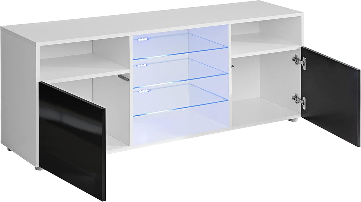 Komodee, Meuble Banc TV Urbino, Noir Blanc, Largeur 140cm x Hauteur 53cm x Profondeur 35cm, sans LED, pour Salon, Chambre