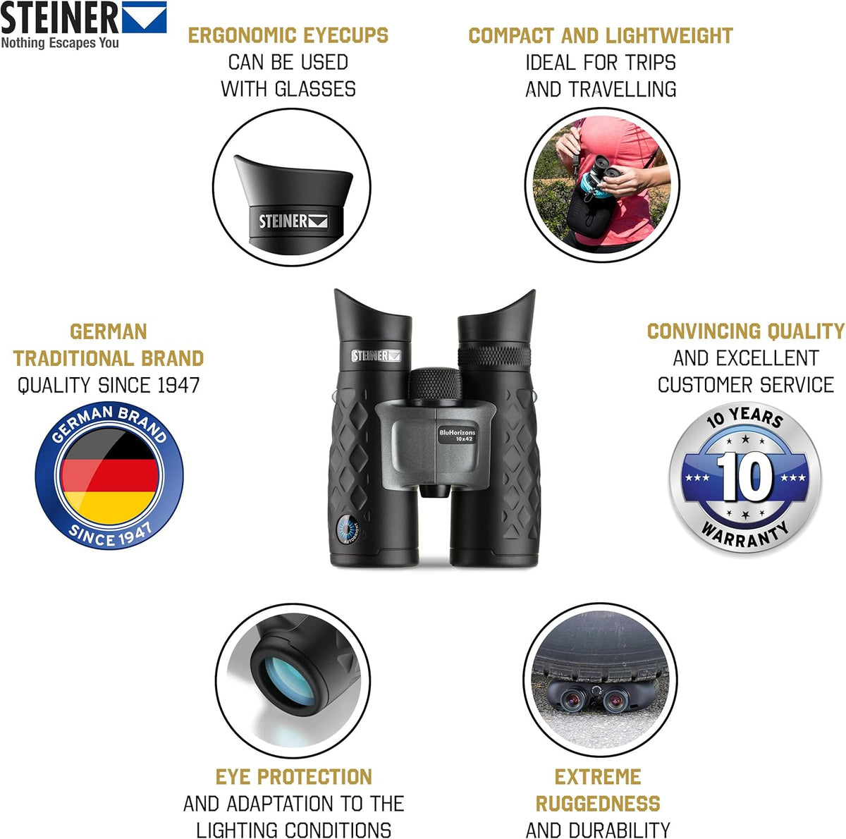STEINER Jumelles BluHorizons 10x42 - Optique de qualité Allemande, Fort grossissement, réduit Les Reflets ou l'éblouissement de l'eau, du Sable ou de la Neige