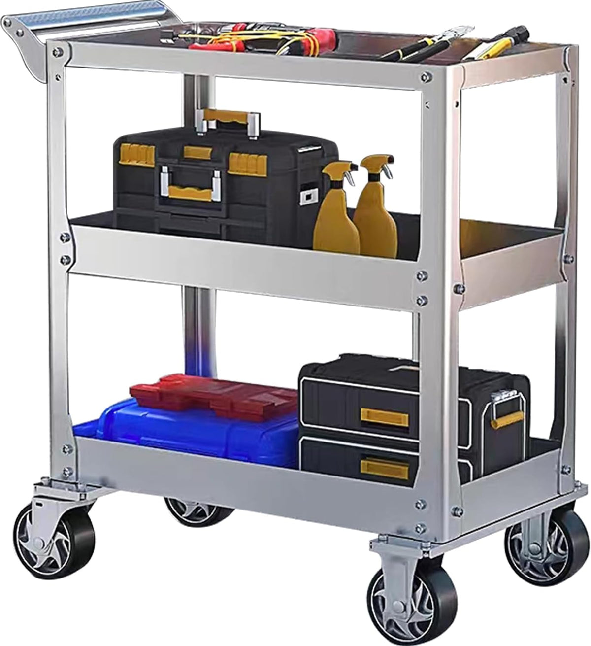 Vockol Chariot d'Atelier en Acier Inoxydable, Chariot à Outils à 3 Étages d'une Capacité de 500kg, Chariot de Travail, Chariot Servante d'Atelier pour Garage, Atelier, Cuisine, 78 x 46 x 92 cm