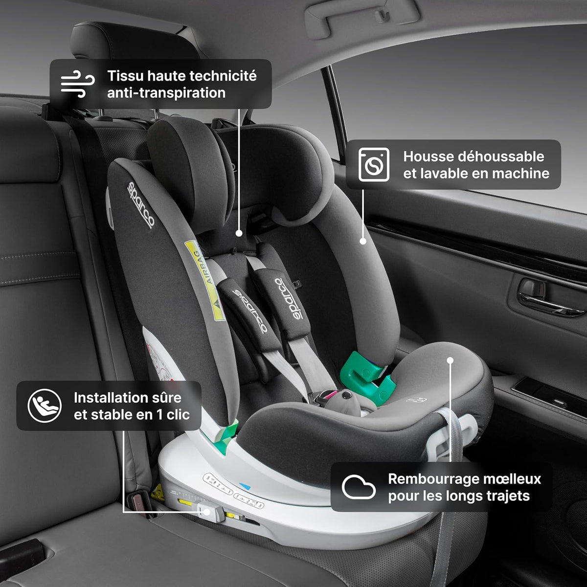 Siège Auto Bébé Enfant Sparco Isofix Rotatif 360° i-Size 40–150cm – ECE R129/03 – Réducteur Inclus – Sécurité Maximale et Confort – Installation Face/Dos Route