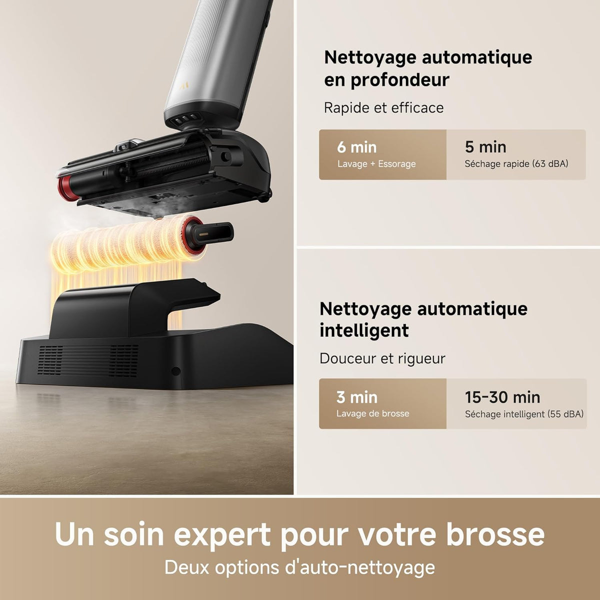 Mova X4 Pro Aspirateur Humide et Sec, Lavage à l'eau Chaude, Anti-enchevêtrement, Auto-Nettoyage à 100 C, Aspiration de 20 kPa, Station d'insertion, Brosse à LED, Double Bord, Ajustement Intelligent