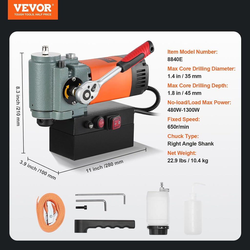 VEVOR Perceuse Magnétique à Profil Bas 1300 W, Perceuse à Colonne Magnétique Diamètre de Perçage Max. 35 mm, avec Dispositif de Refroidissement et Protection contre les Surcharges, pour Construction