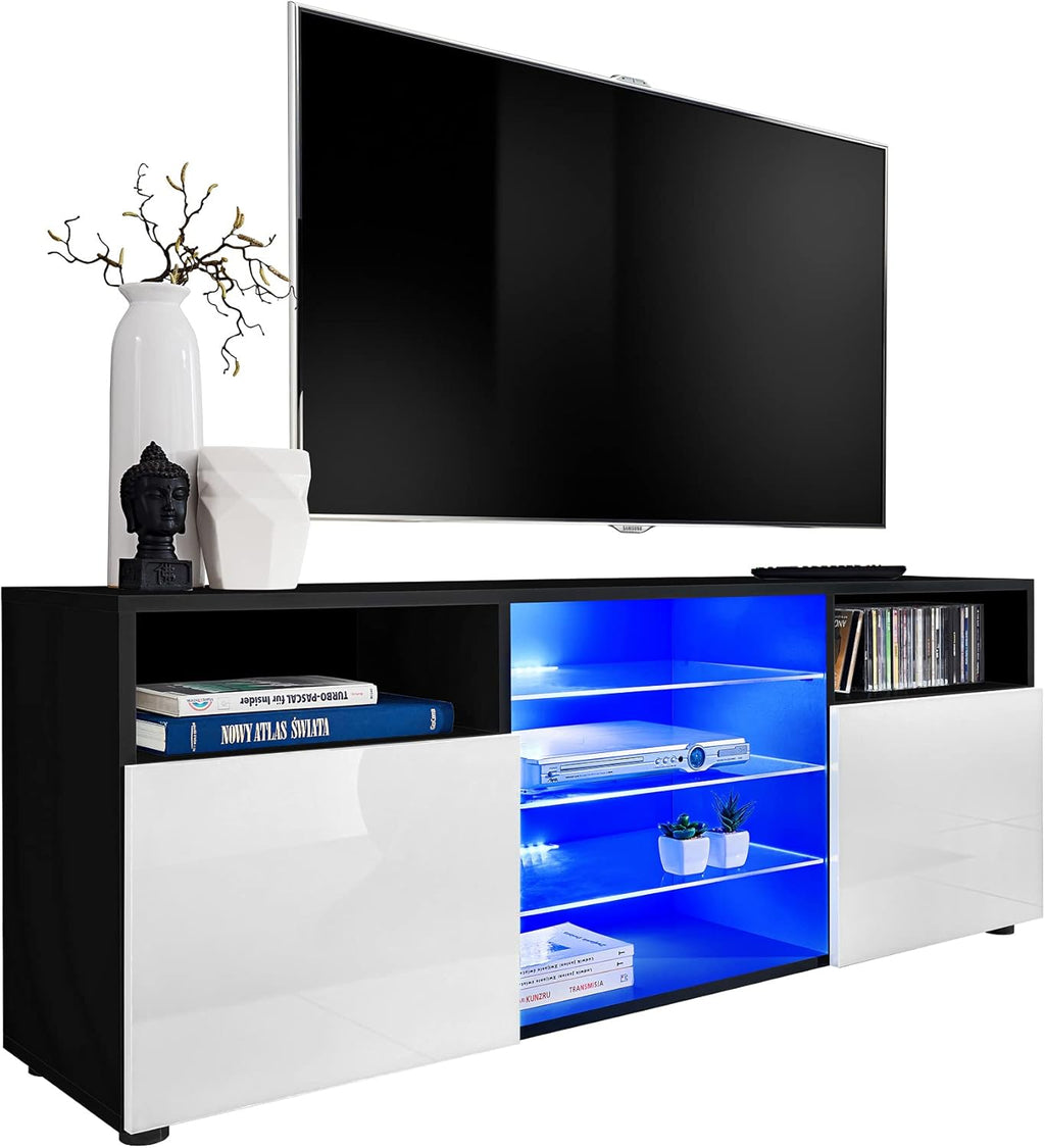 Komodee, Meuble Banc TV Urbino, Noir Blanc, Largeur 140cm x Hauteur 53cm x Profondeur 35cm, sans LED, pour Salon, Chambre