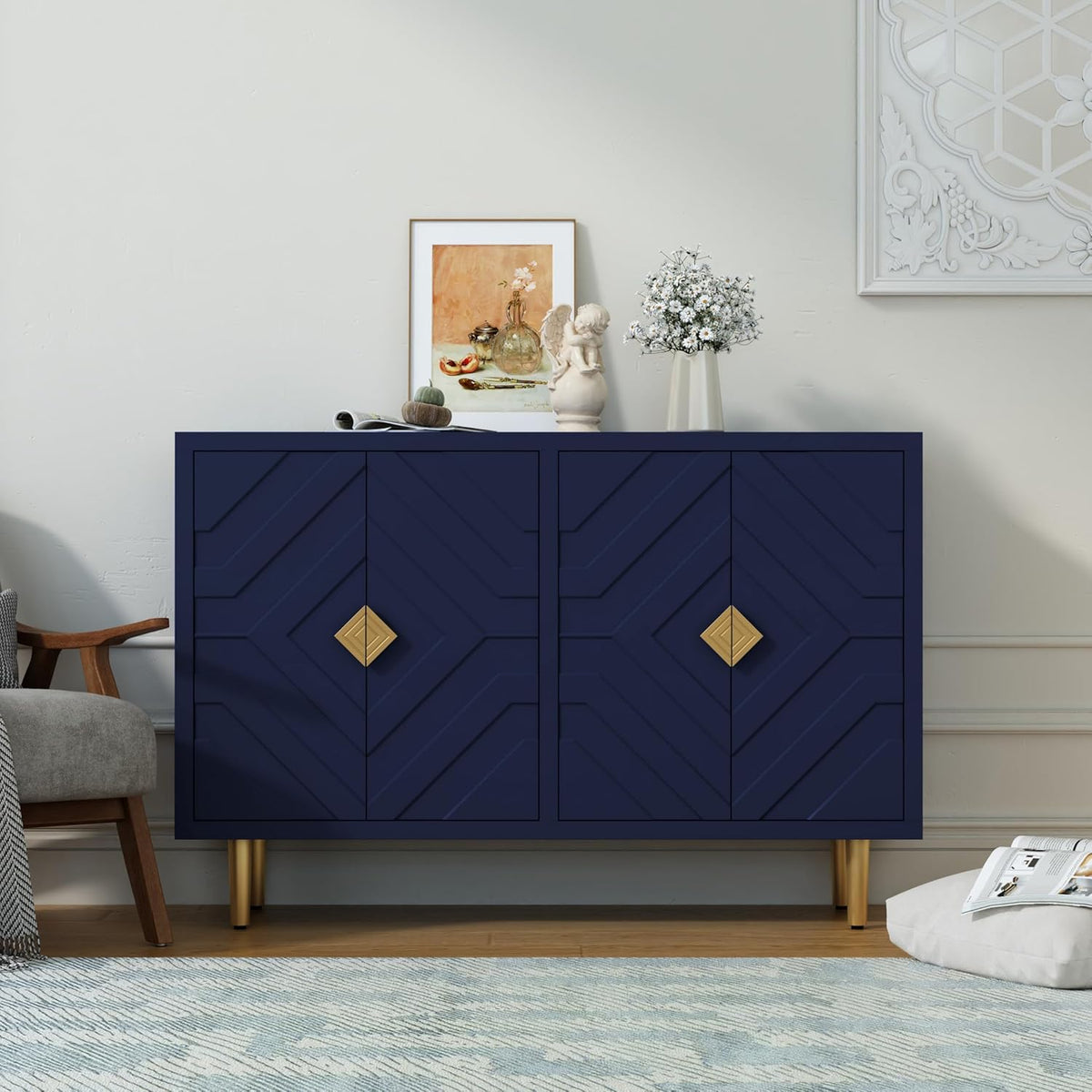 HOLTICO Commode buffet 4 portes, armoire de cuisine, rangement, salon, cuisine, chambre - Bleu