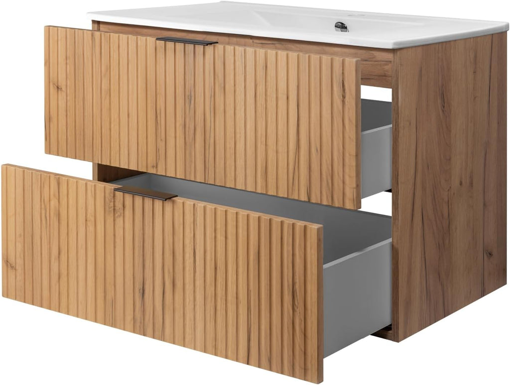 3E 3xE living.com Meuble de Salle de Bain, chêne Craft avec poignée Noire, 80 x 57 x 46 cm