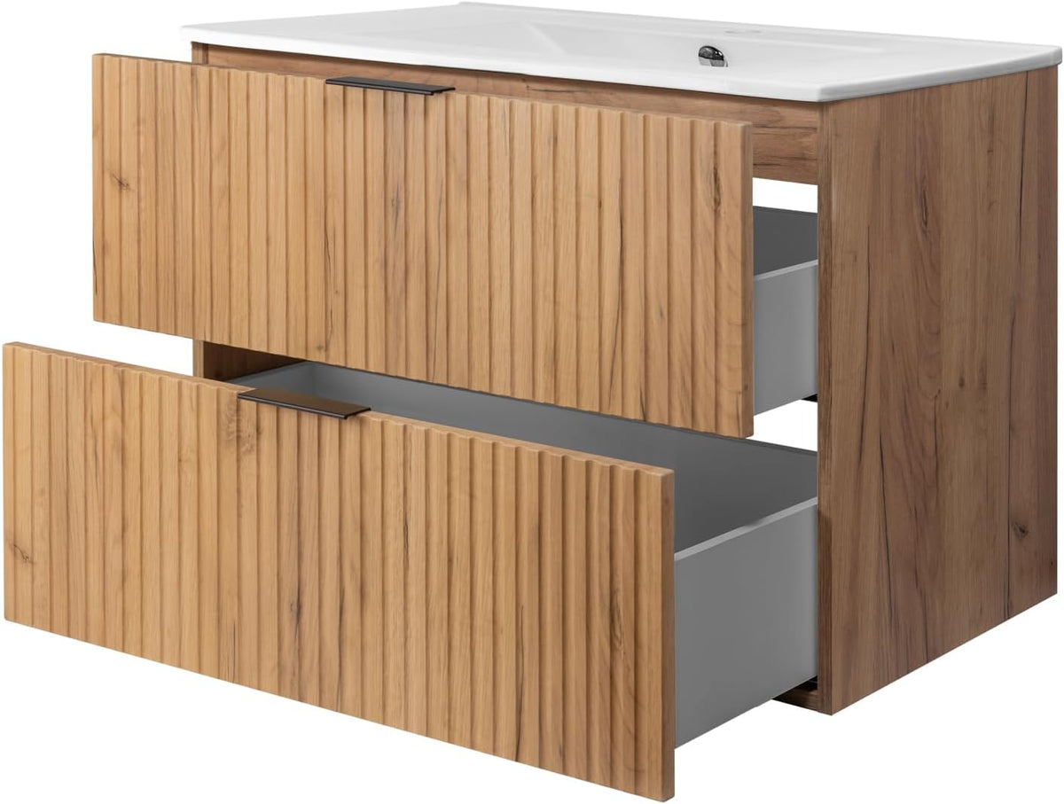 3E 3xE living.com Meuble de Salle de Bain, chêne Craft avec poignée Noire, 80 x 57 x 46 cm