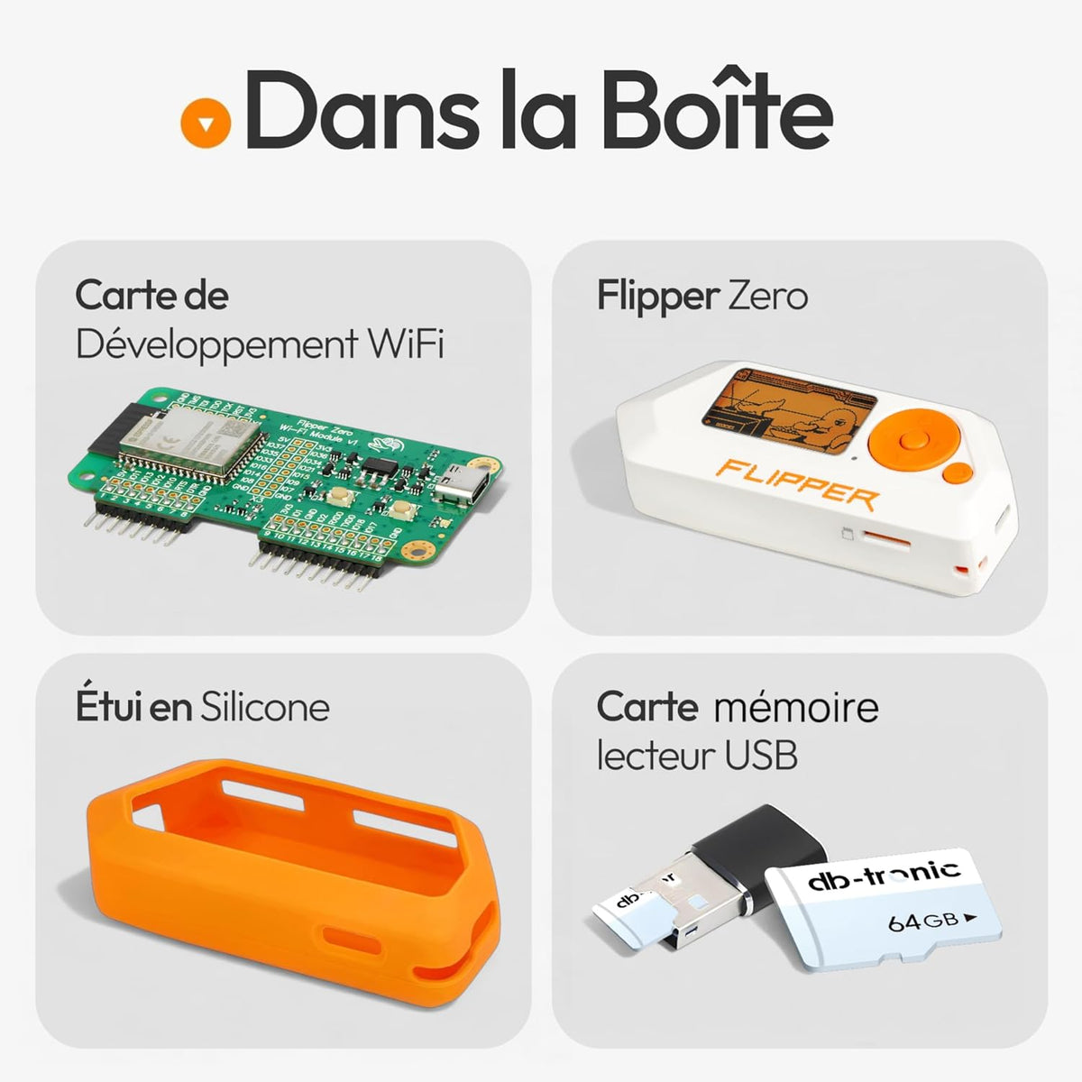 Flipper Zero Starter Kit Complet | Flipper Zero | Carte WiFi | Coque en Silicone | Carte mémoire de 64 Go | Lecteur de Carte USB