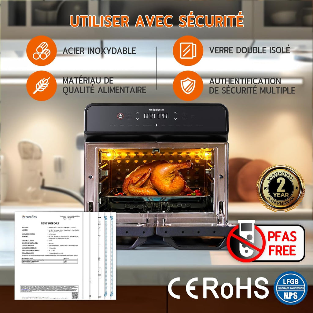 HYSapientia 22L friteuse à air chaud 2 chambres, mini-four à convection,écran tactile LED, 10 programmes friteuse sans huile Dual Zone Air Fryer Oven, aciers inoxydables, Airfryer xxl
