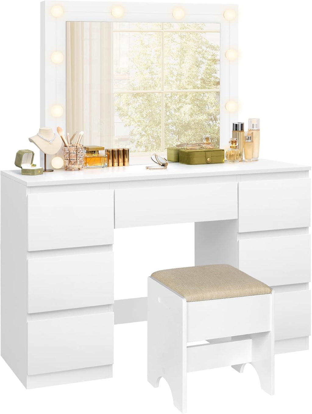 WOLTU Coiffeuse avec Miroir LED et Tabouret, Luminosité Réglable, avec 7 Tiroirs, 107x39,5x140,5cm, Blanc