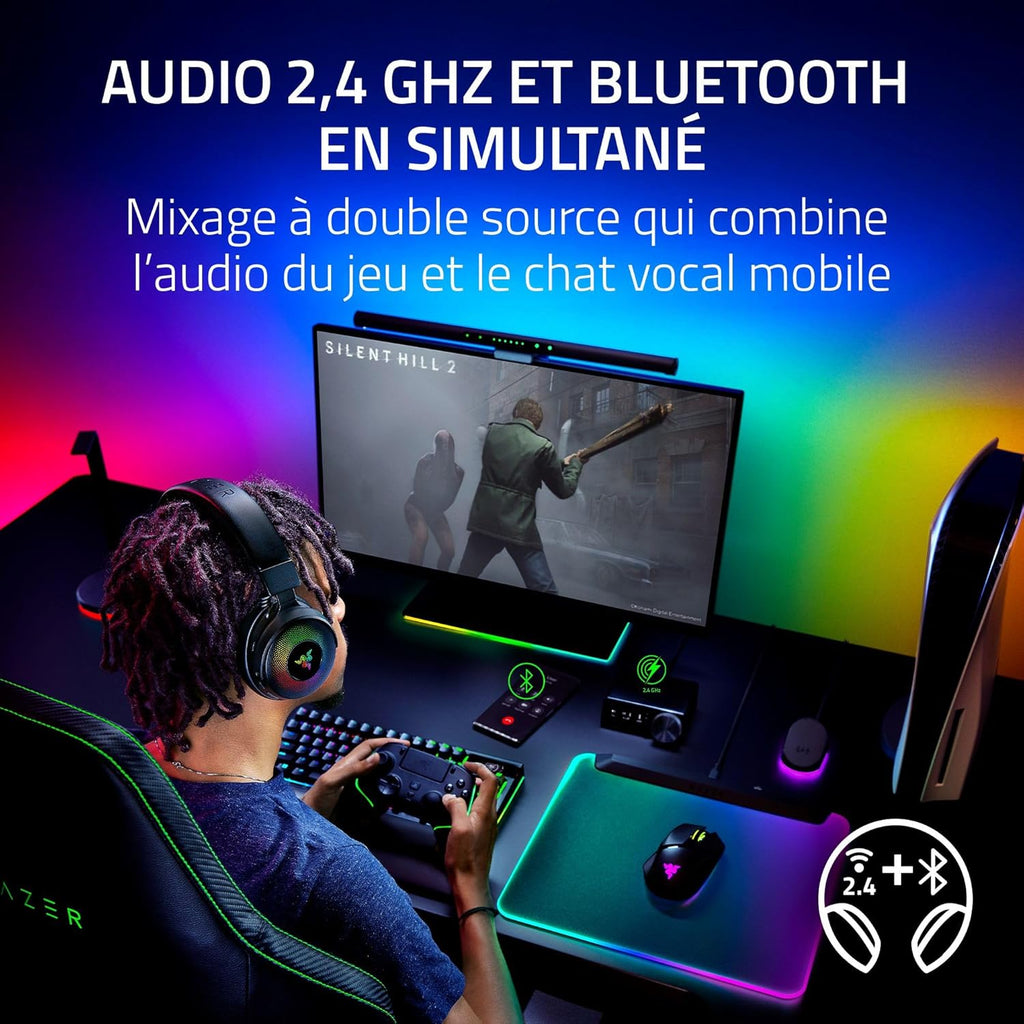Razer Kraken V4 Pro - Casque de Jeu sans Fil avec hub de contrôle - Sensa HD haptics (hub de contrôle OLED, Triforce 40mm Drivers, HyperSpeed & Bluetooth, THX Spatial Audio, RGB) Noir