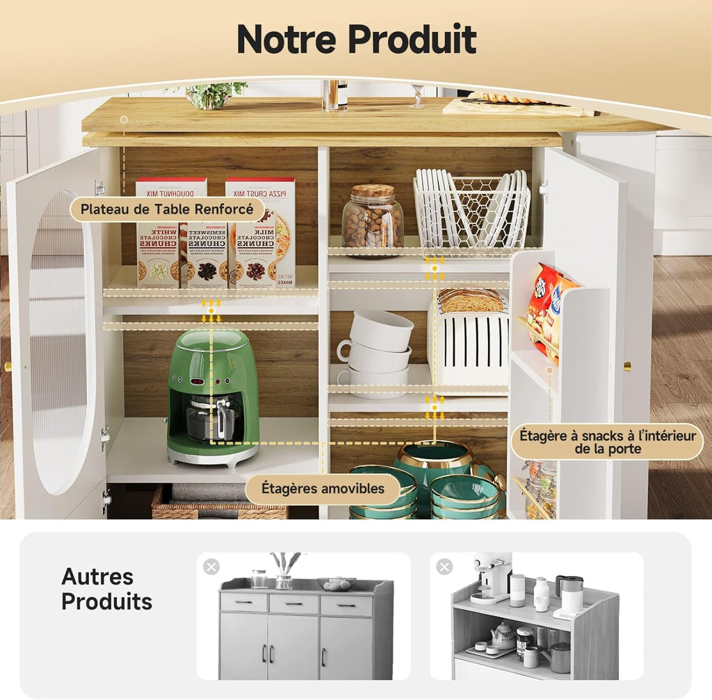 KOMHTOM Table à Manger Pivotante à 360°avec Armoire de Rangement, Meuble de Bar, Bar Cuisine avec 3 Portes et étagères réglables en Hauteur (Blanc)