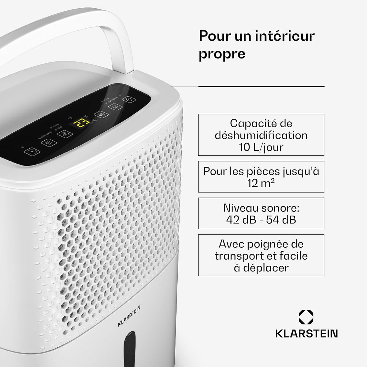 Klarstein DryFy 10 L déshumidificateur d'air - 240 W, 10 L/jour, réservoir 1,8 L, seulement 42dB, minuterie, auto-restart, anti-moisissures, déshumidificateur de salle de bains, maison, noir