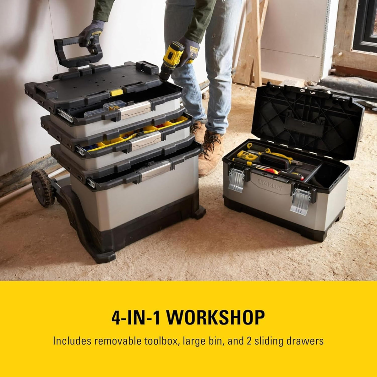 STANLEY FATMAX Rolling Workshop, 4-en-1 Units including Removable Toolbox, Durable Metal and Plastic, Mobile Workstation, 1-95-622