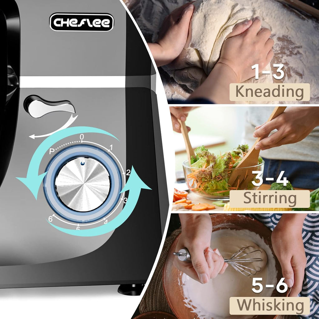 CHeflee Robot Pâtissier 2000W Robot de Cuisine 7.2 L Bol d'Acier Inoxydable,6 Vitesses avec Fonction Pulse avec Fouet Crochet Pétrisseur et Batteur,Housse anti-Poussière