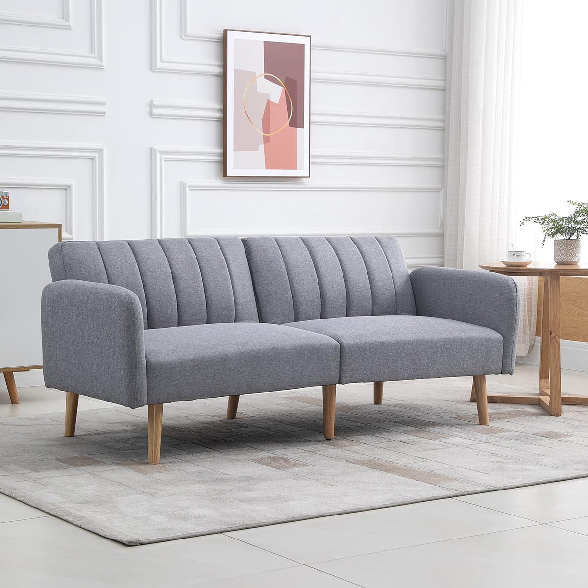 HOMCOM Canapé Convertible 2 Places Design scandinave Dossier inclinable 3 Positions Pieds Bois Tissu Aspect Lin Gris