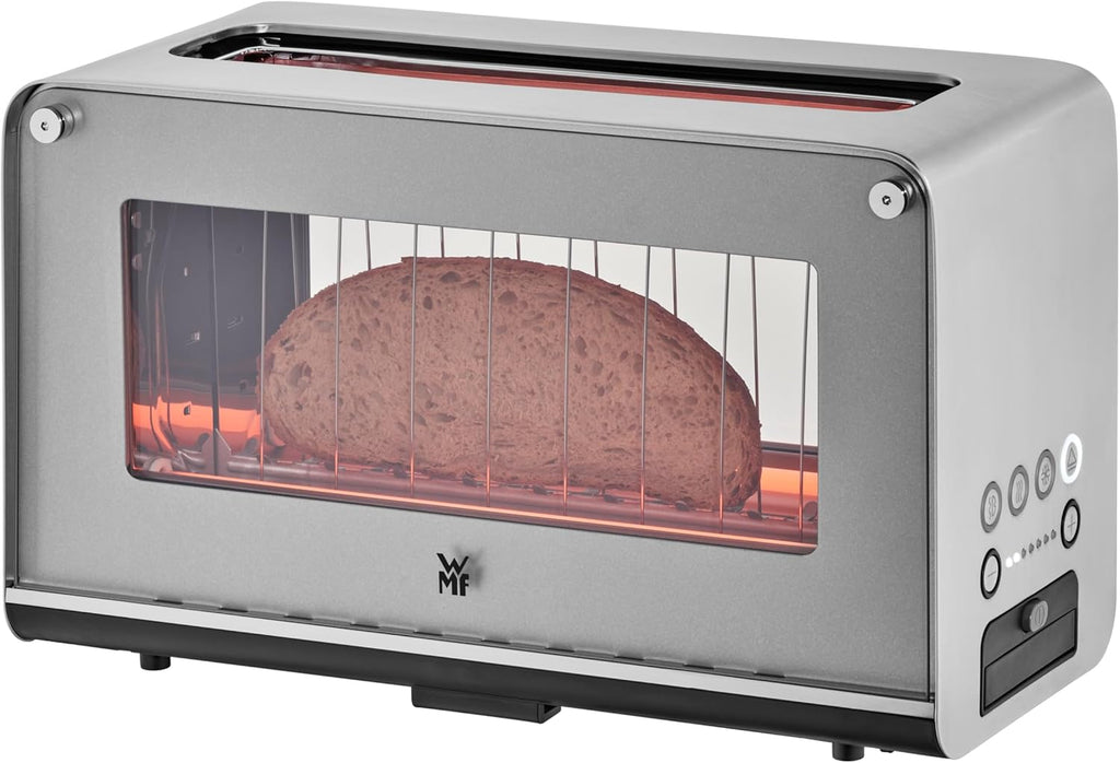WMF Lono Grille-pain vitré avec grille réchauffe-viennoiseries, 2 tranches, XXL, support motorisé, fonction réchauffage, 7 niveaux de brunissage, grille-pain en acier inoxydable mat
