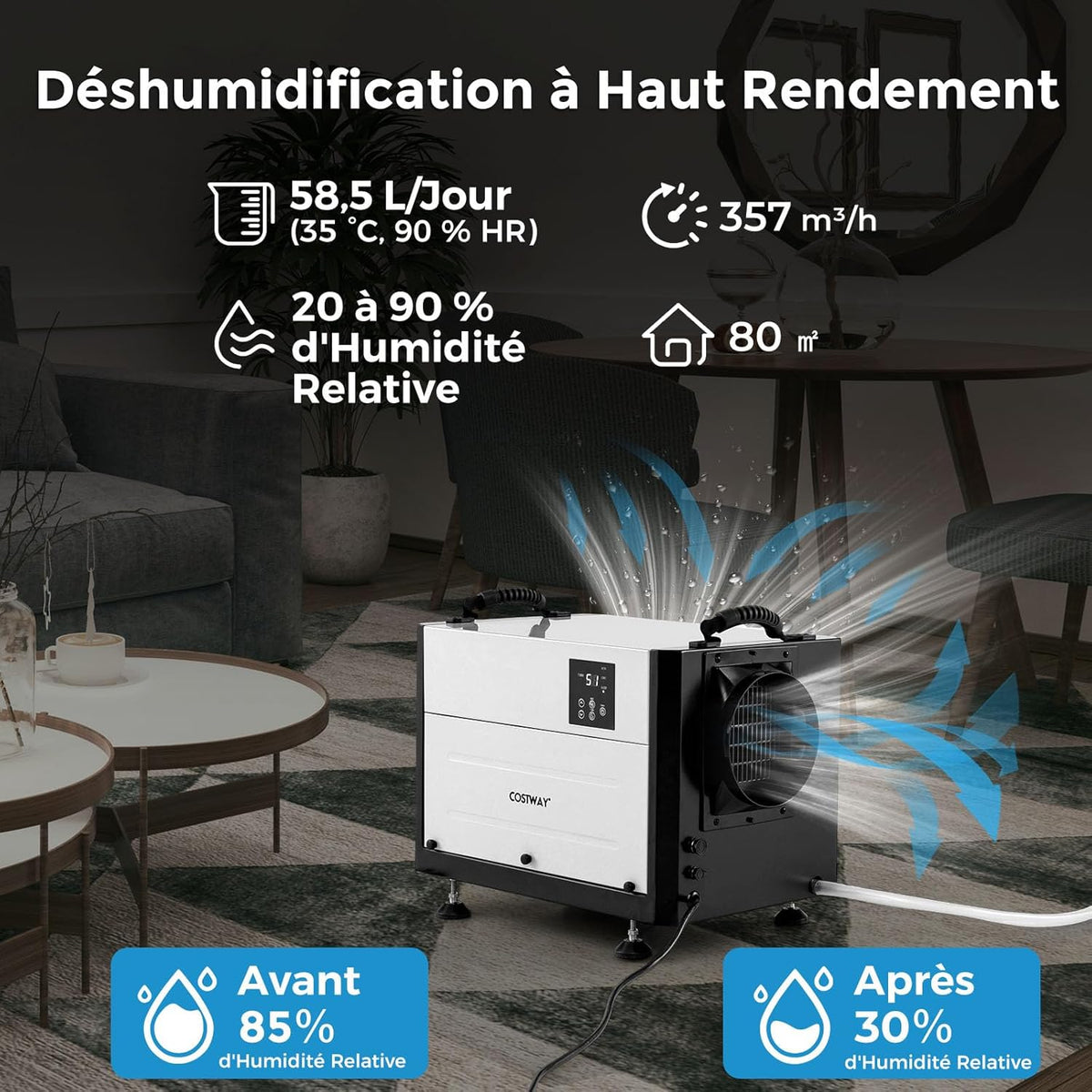 COSTWAY Déshumidificateur Professionnel, Déshumidificateur Industriel avec 3 Modes Minuterie de 24 H Tuyau de Vidange et Dégivrage Automatique, pour Entrepôt Sous-sol (58,5 L/Jour,Noir)