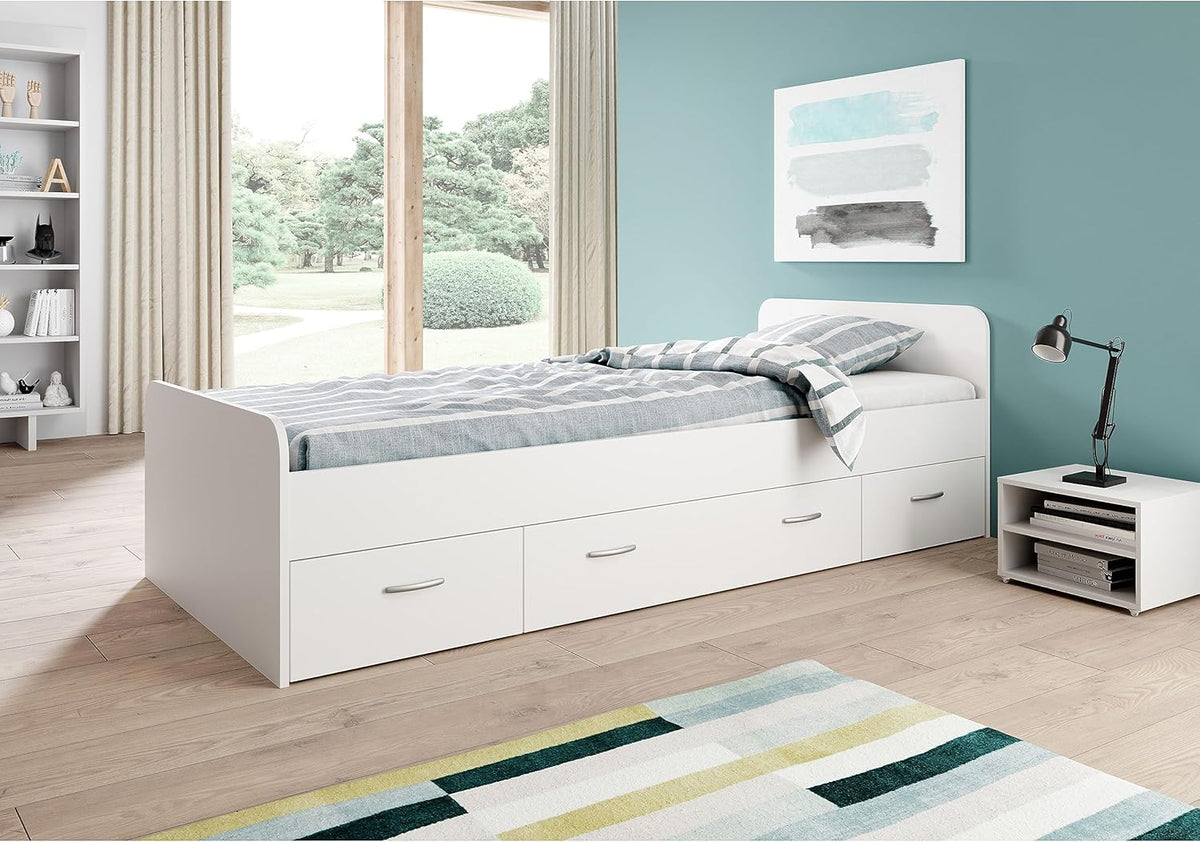 Stella Trading BORO Lit simple moderne avec 3x tiroirs 90 x 200 cm - Lit superposé pratique pour chambre de jeunes en blanc - 95 x 66 x 204 cm