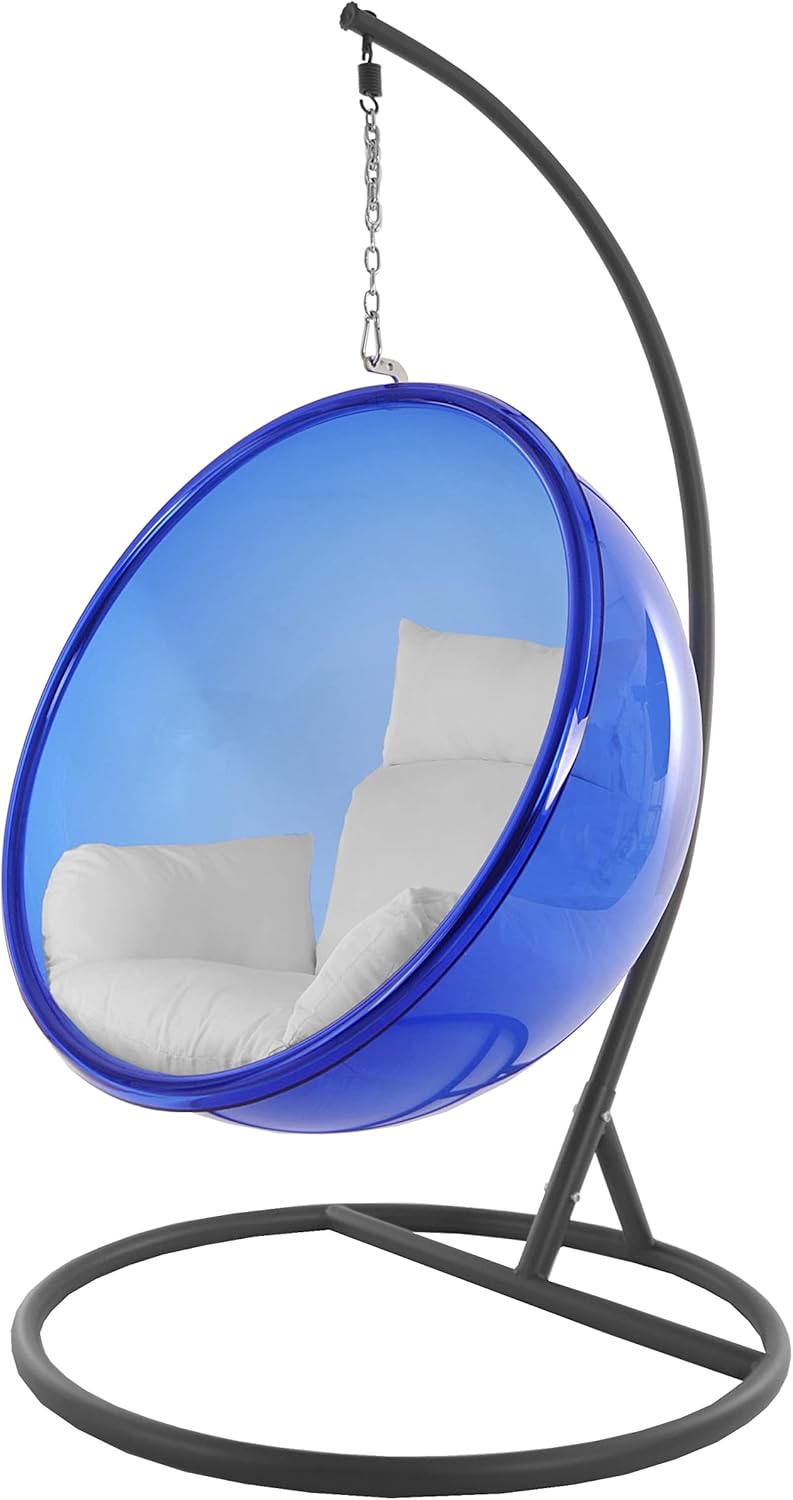 Kideo Ensemble complet : fauteuil suspendu avec cadre et coussin, demi-coque, bubble, translucide (structure : gris/panier : bleu (Lapis Blue), coussin : blanc (1000 Snow))