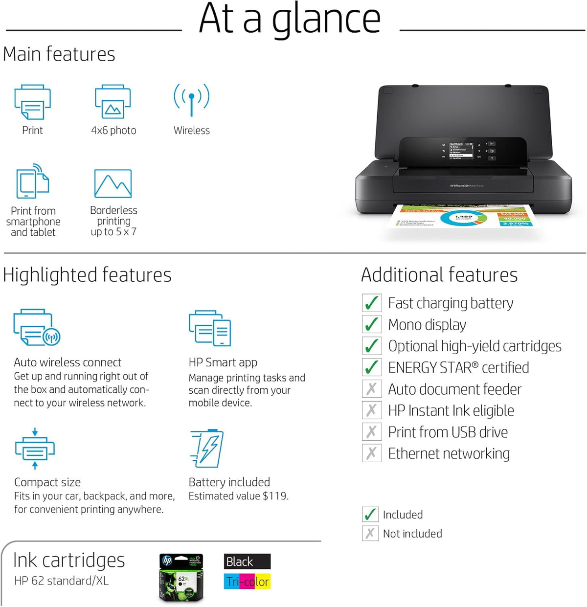 OfficeJet 200 Mobile Couleur 4800 x 1200dpi A4 WiFi Noir - Imprimante d'Encre (PCL 3, 50/60 Hz, Papier Satiné, Normal, Recyclé, USB 2.0, LAN Sans Fil)
