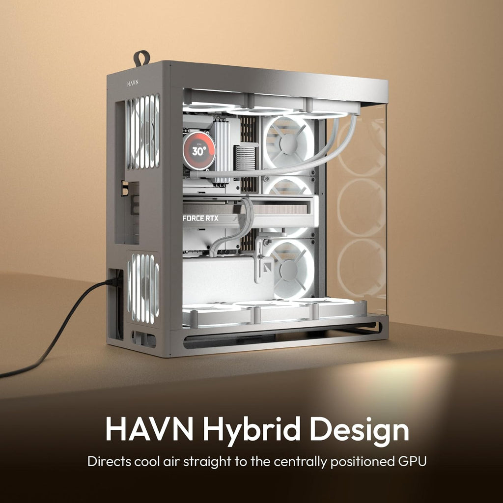 HAVN HS 420 Boîtier PC ATX à double chambre Blanc | Design hybride, 11 ventilateurs de 140 mm et 3 supports de radiateur de 420 mm, gestion des câbles simpliCable, verre trempé, hub de ventilateur PWM