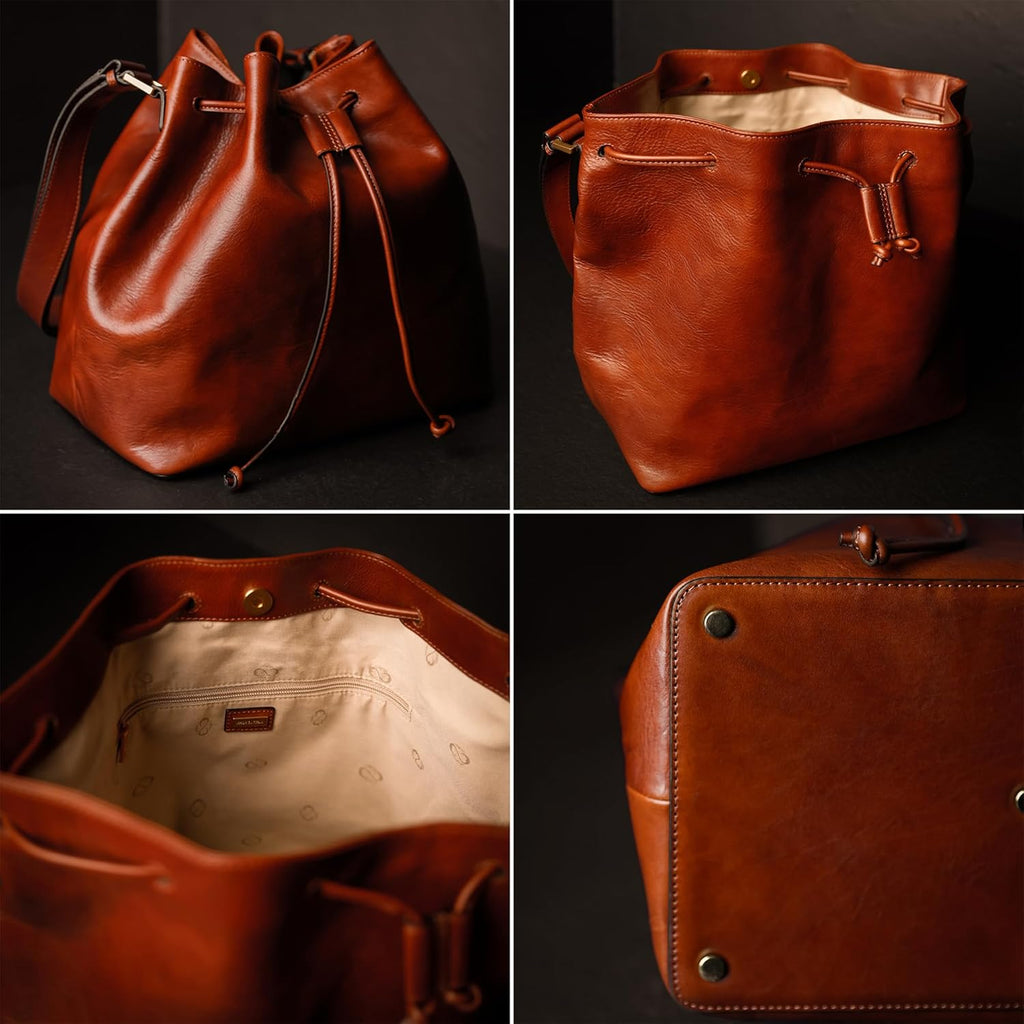 Time Resistance Sac Seau en Cuir - Sac à Main en Cuir Pleine Fleur pour Femme - Sac à Épaule Fait Main en Italie