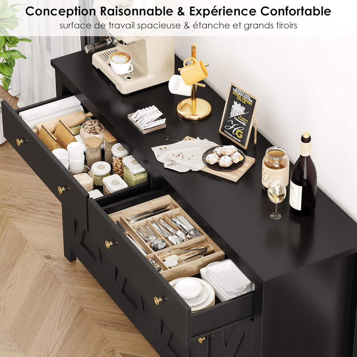FirFurd Buffet Cuisine Meuble de Cuisine Rangement Buffet avec 4 Portes 2 Tiroirs Étagères Réglables Meuble de Rangement pour Salon Salle à Manger 140x40x89 cm Noir