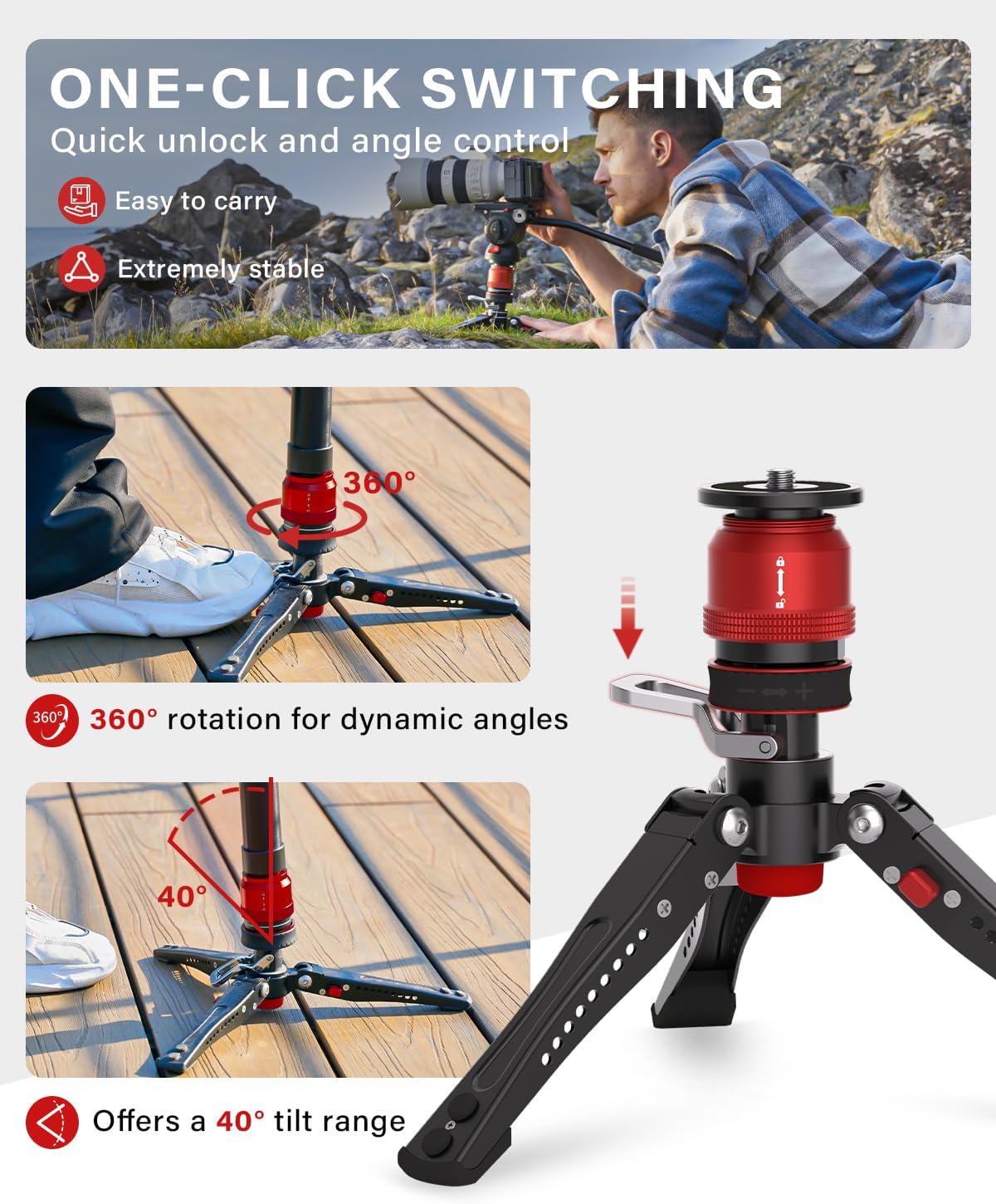 IFOOTAGE Monopode avec pied Cobra 3 C180F-P, Monopode pour appareil photo 181cm/71", Fibre de carbone, Charge maximale 8 kg/17,64 lbs