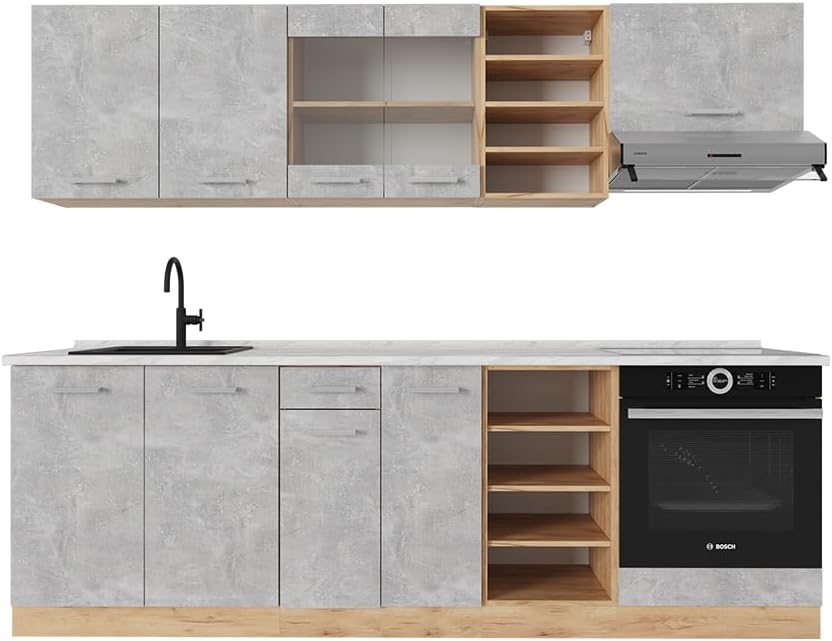 Vicco Cuisine R-Line, Béton/Force d'or Chêne, 240cm, PT Marbre