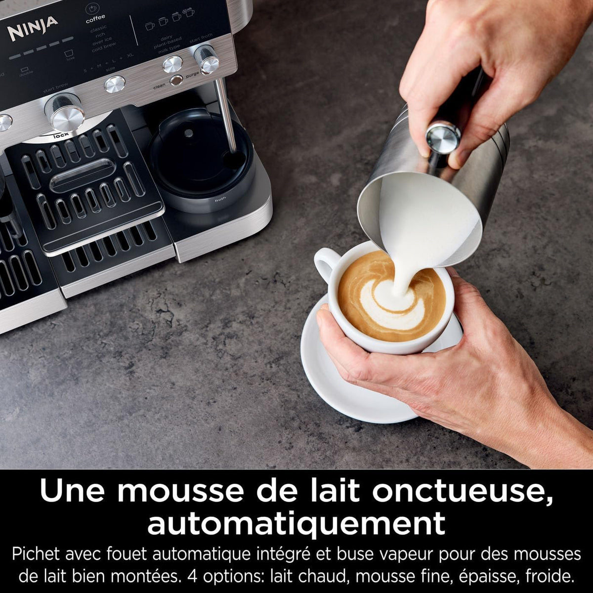 Ninja Machine à café Luxe Premier 3-en-1, Latte, Cappuccino, Infusion à froid et Espresso avec broyeur à grains et mousseur à lait intégrés, facile à utiliser, 4 préréglages mousse, argent, ES601EU
