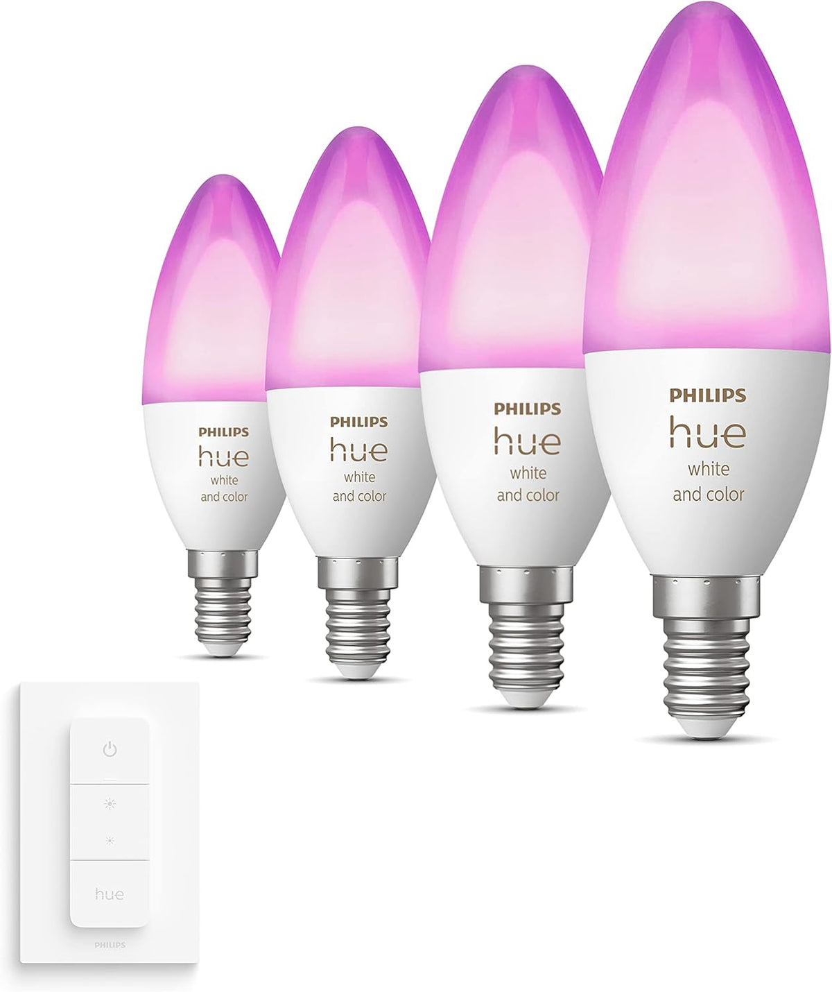 Hue Pack avantagé - E14 - avec 4 Ampoules Flamme - Lumière blanche et colorée - Comprend 1 Variateur de lumiere Hue - Hue White and Color Ambiance