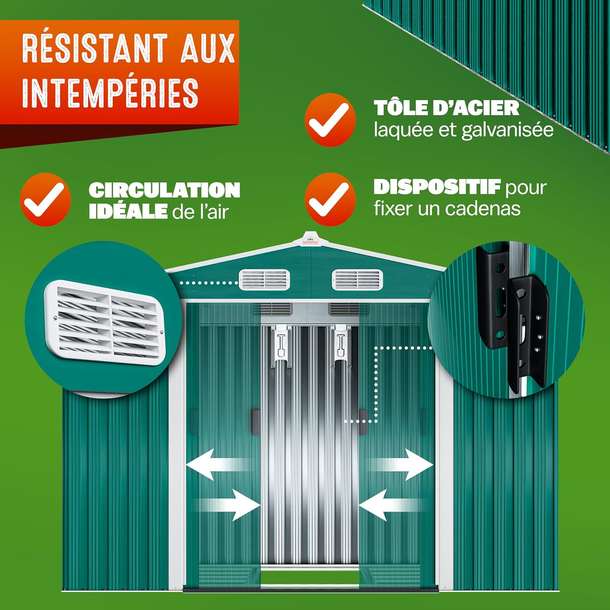 GARDEBRUK Abri de Jardin métal XXL 5m² Fondation 260x205x180cm Porte coulissante Vert cabane de Jardin cabanon Rangement Outils 9m³