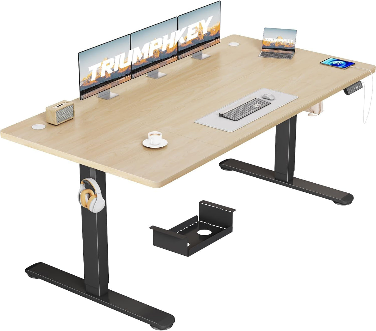 TRIUMPHKEY Bureau électrique 160 x 80 cm, réglable en hauteur, prise USB, 3 contrôles mémoire, table d'ordinateur, pour bureau, position debout