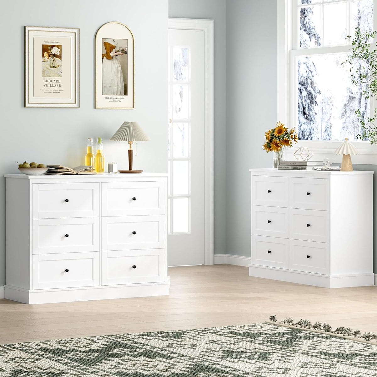 FOREHILL Commode Chambre Blanche Commode 6 Tiroirs Meuble de Rangement Chambre Adulte en Bois, Style Moderne 108x40x87cm