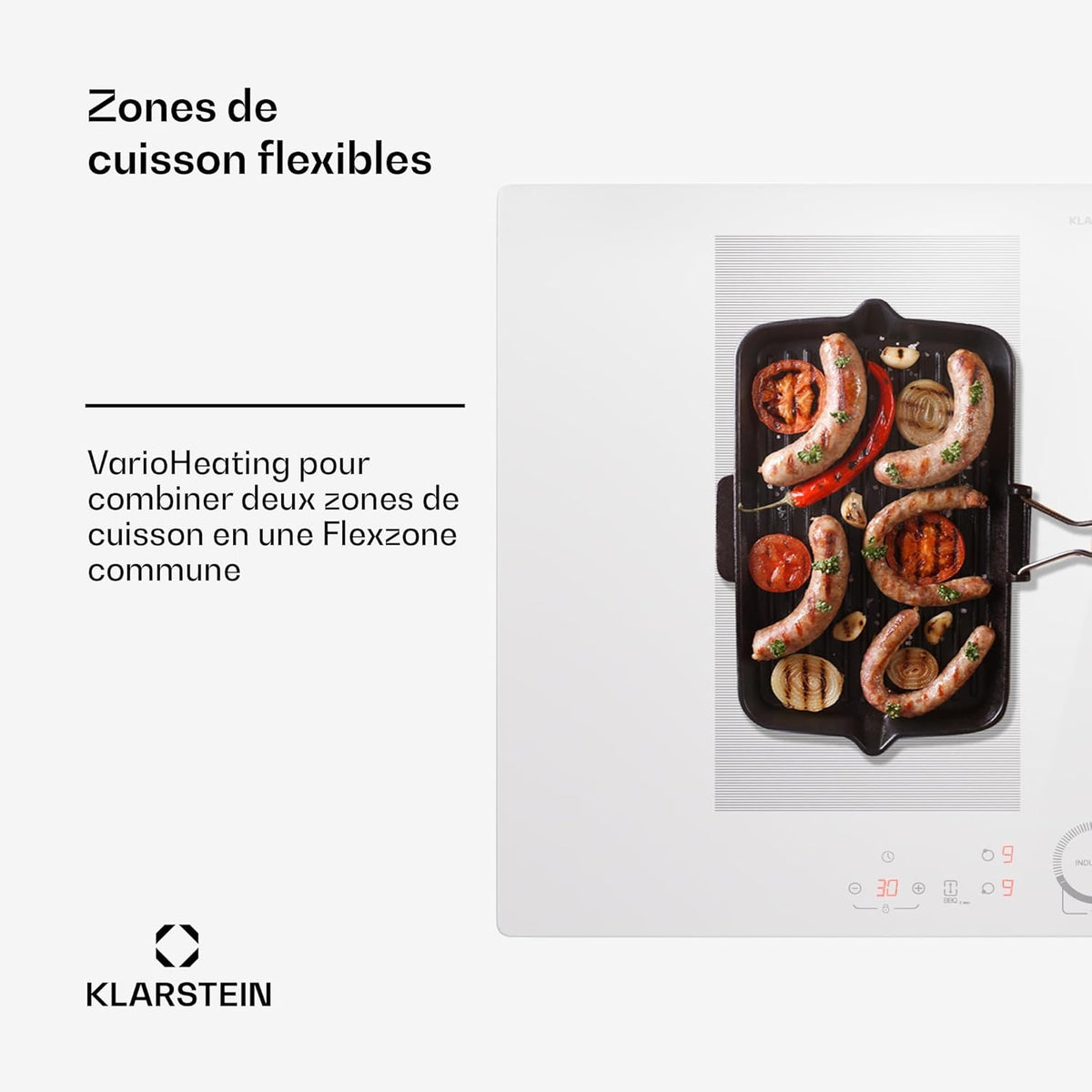 Klarstein Table de Cuisson Induction 4 Feux 7000W, Contrôle par Touches, Affichage Numérique et Minuterie