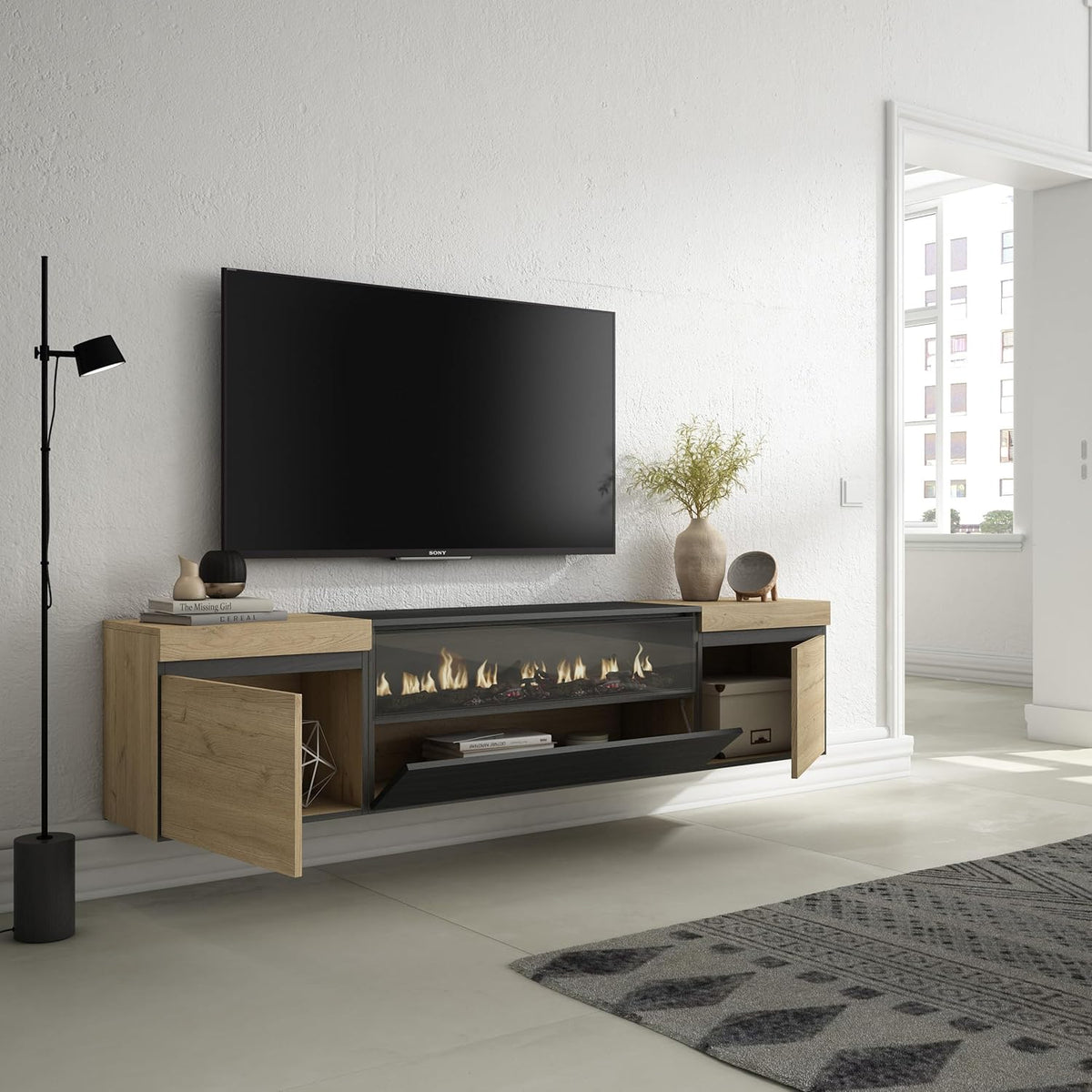 Skraut Home | Meuble TV | Banc Télé | Grand Espace de Rangement | 200x45x35cm | pour Les TV jusqu'à 80" | Cheminée électrique | Suspendu, Mural | Style Moderne | Chêne et Noir
