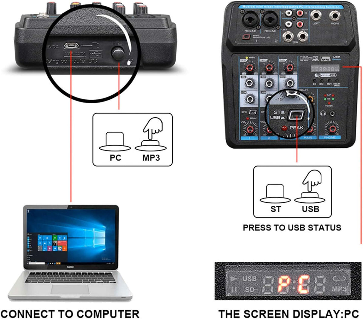 Mixeur audio, Interface de contrôleur de son DJ for mixeurs en direct avec clé USB for enregistrement sur ordinateur Mixeur audio de studio 4/6 canaux Professionnel et débutant, 6 canaux(4 Channel)
