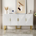 Buffet Salon Blanc Moderne avec 4 Portes Texturées, Façade Brillante, Poignées Dorées, Meuble Elégant, 150x40x82cm