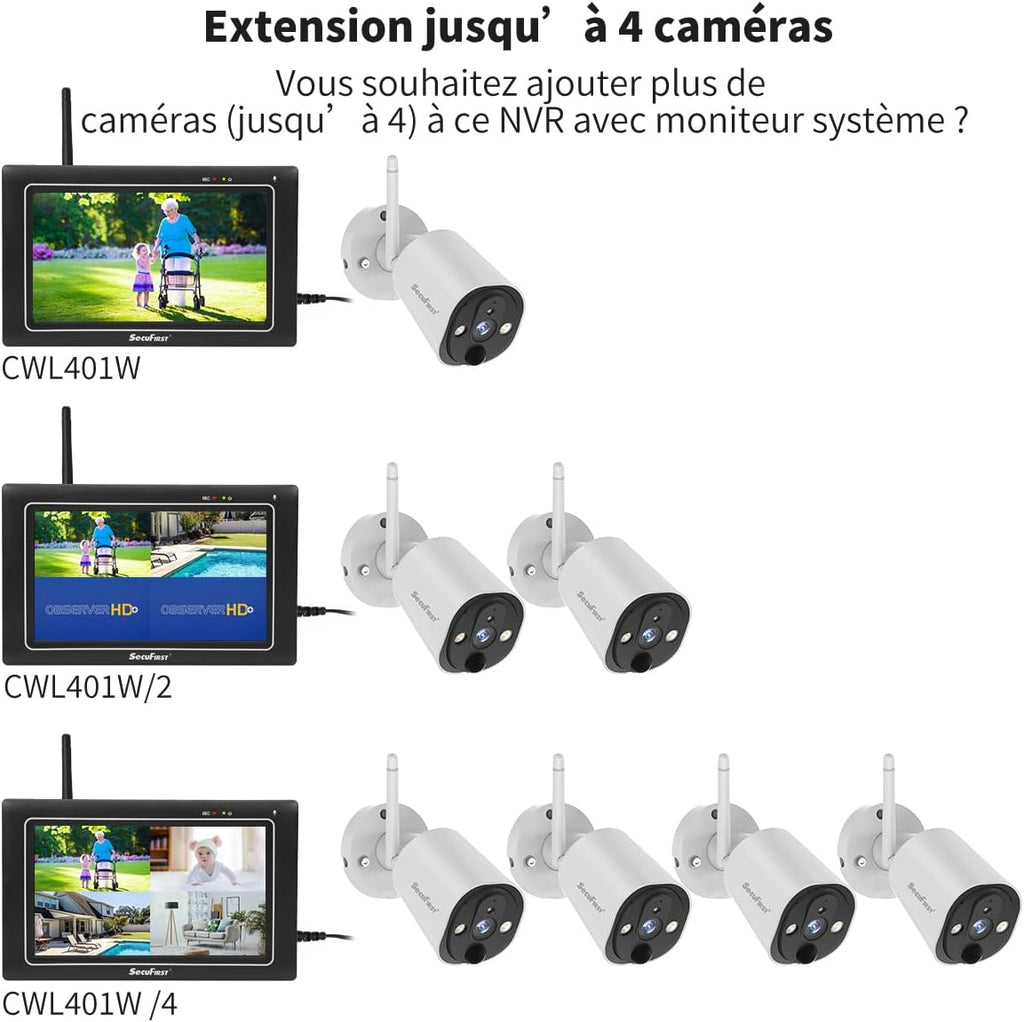 SecuFirst Kit 2K Caméra de Surveillance Extérieure sans Fil avec Moniteur intérieur,Écran Tactile 7",Vidéo Babyphone Camera,Travailler sans WiFi,Détecteur de Mouvement, Carte SD 64 Go, Interphone